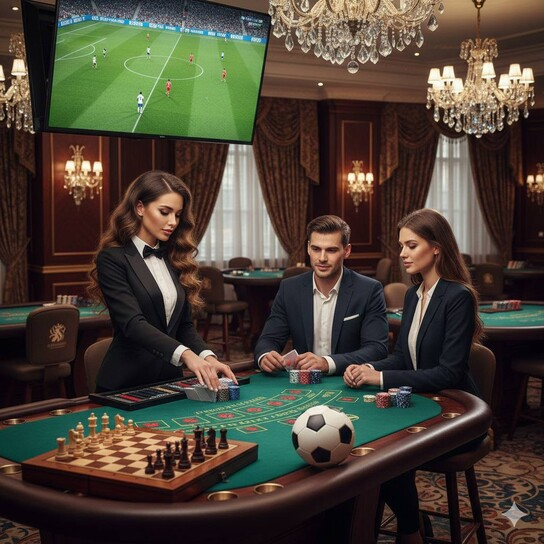 Luxurious casino interior with staff interacting professionally